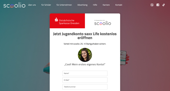 Beispiel für eine übersichtliche und responsive Landingpage, die Jugendliche anspricht