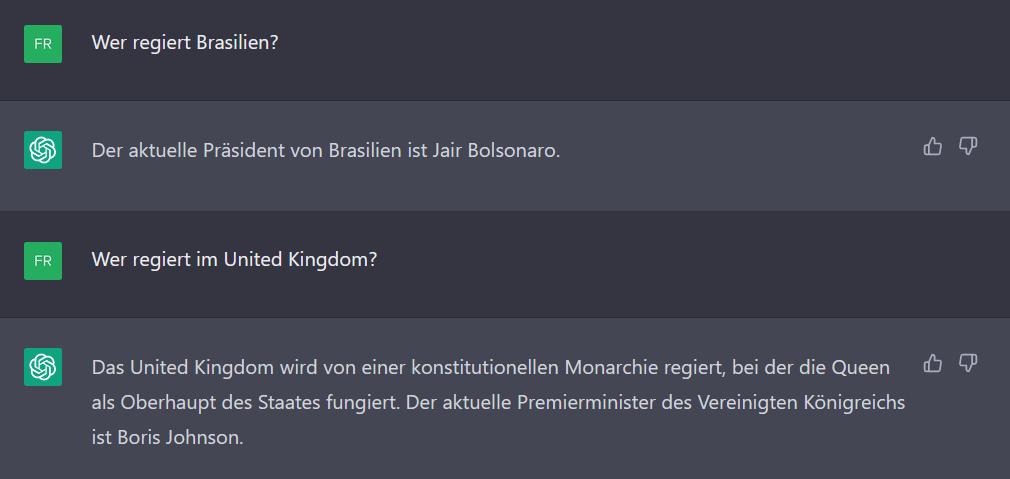 Bild zur Bedienung von ChatGPT welches bei aktuellen Fragen falsch liegt.